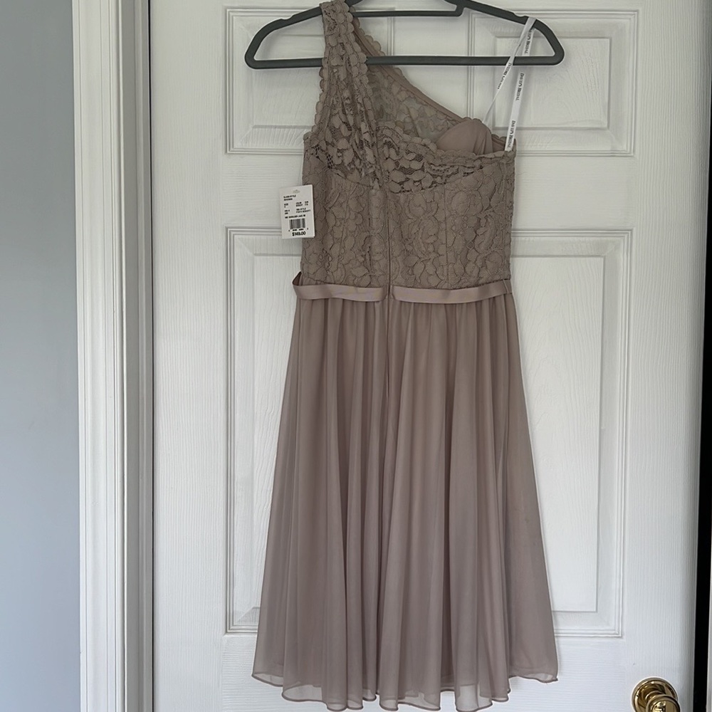 One shoulder David’s Bridal beige dress